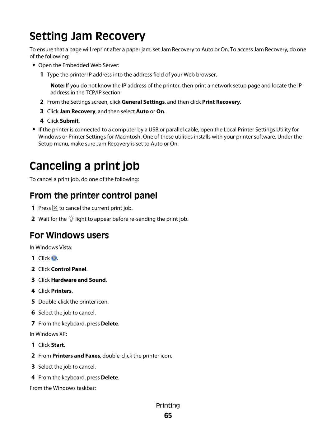 Minolta E260 manual Setting Jam Recovery, Canceling a print job, From the printer control panel 