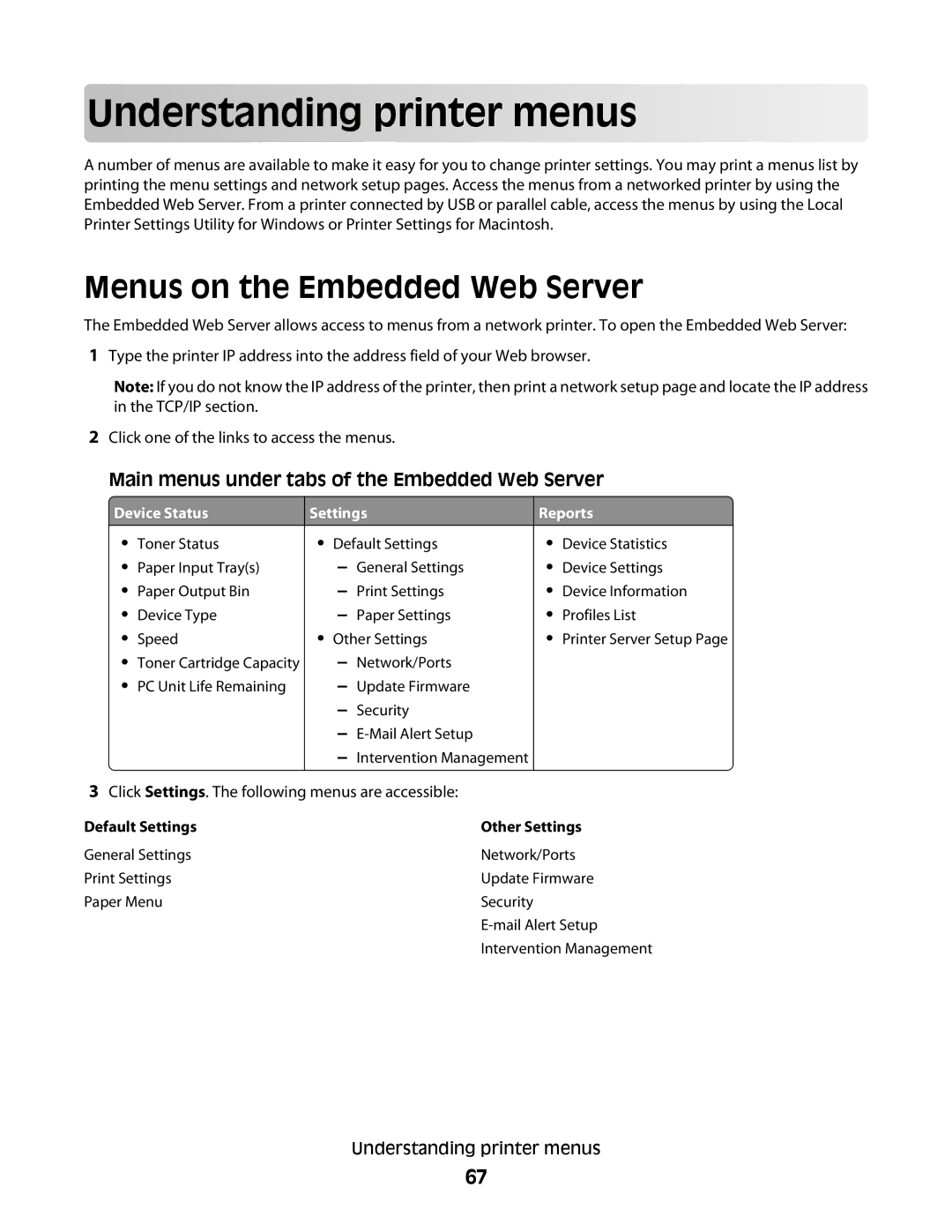 Minolta E260 manual Und ersta ndin g prin t e r men us, Menus on the Embedded Web Server, Device Status, Settings, Reports 