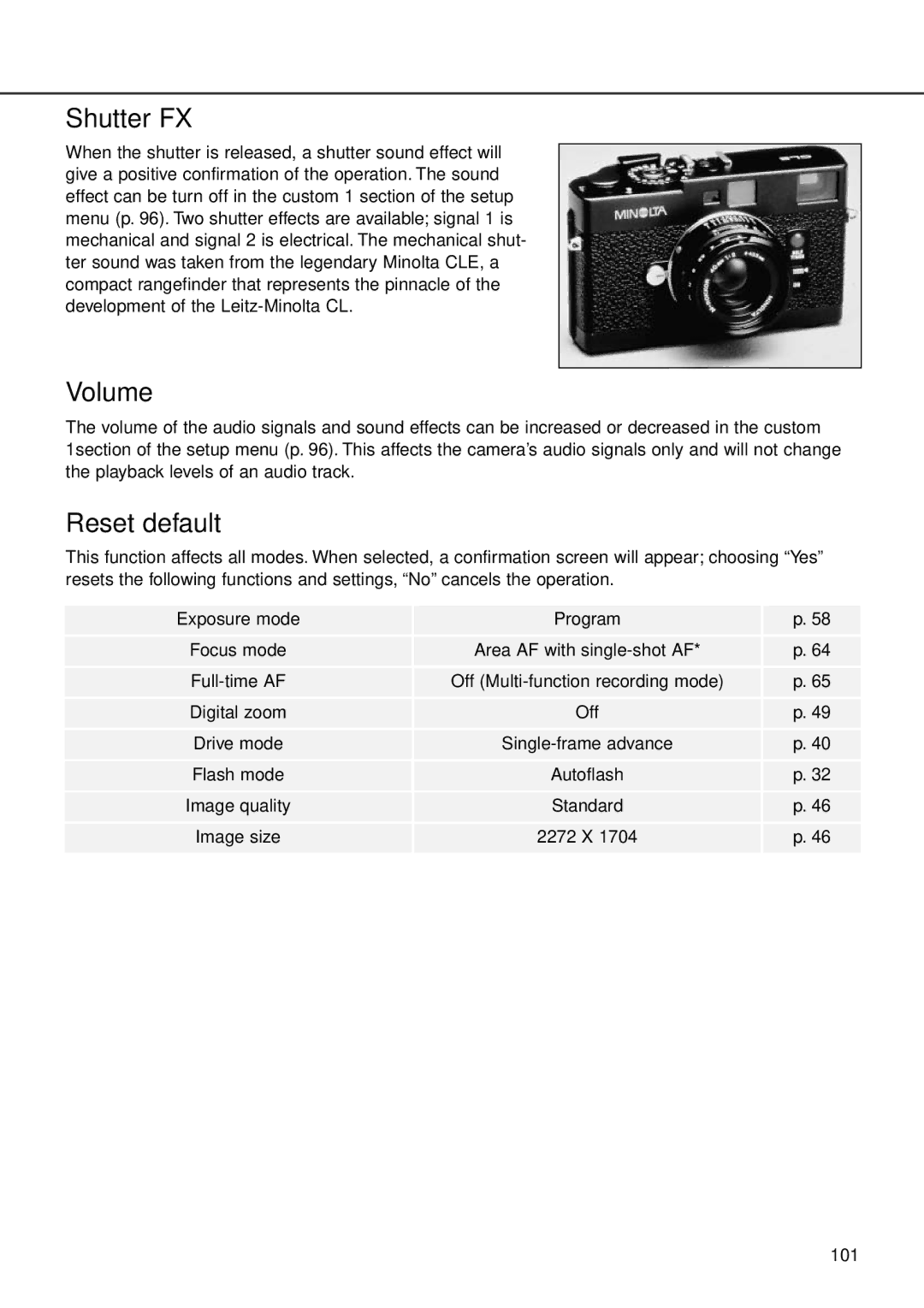 Minolta F100 instruction manual Shutter FX, Volume, Reset default 