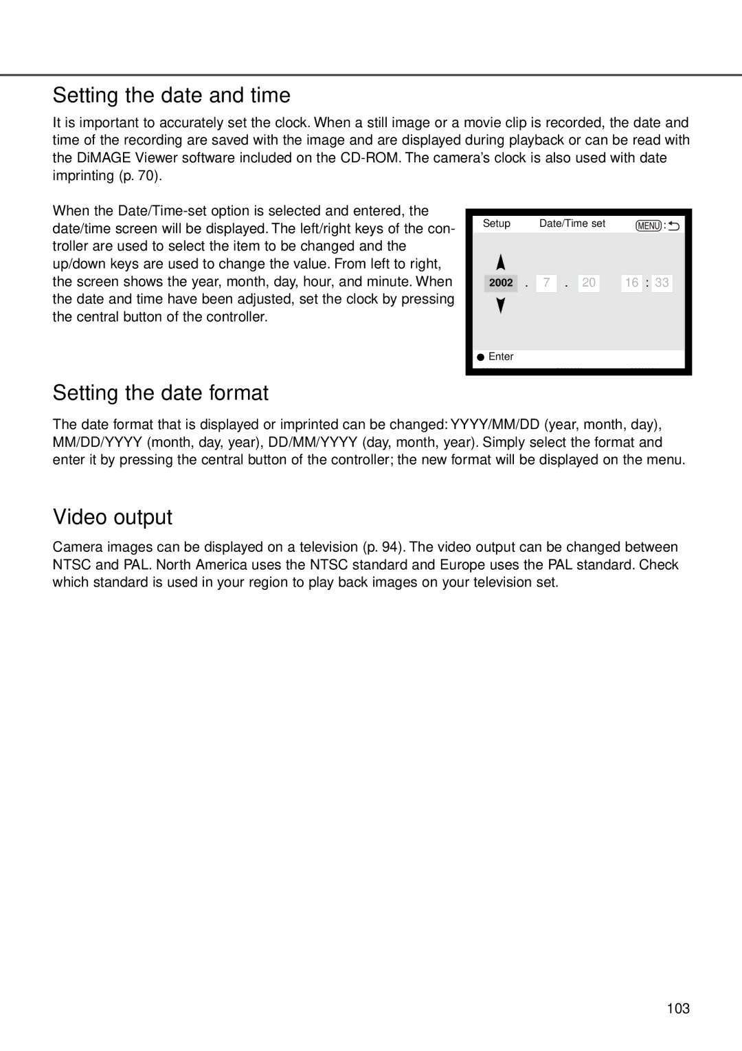 Minolta F100 instruction manual Setting the date format, Video output 