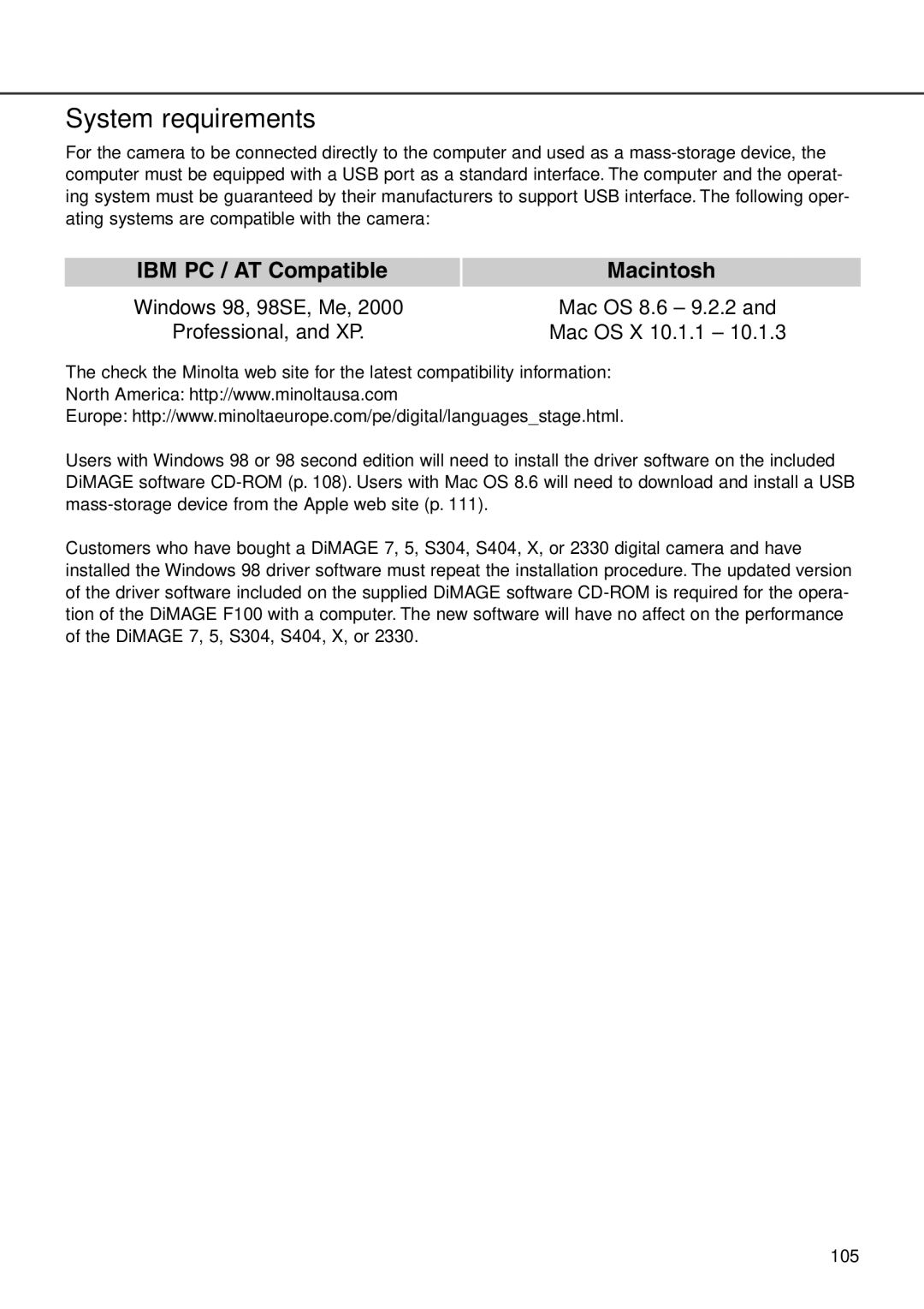 Minolta F100 instruction manual System requirements, IBM PC / AT Compatible Macintosh 