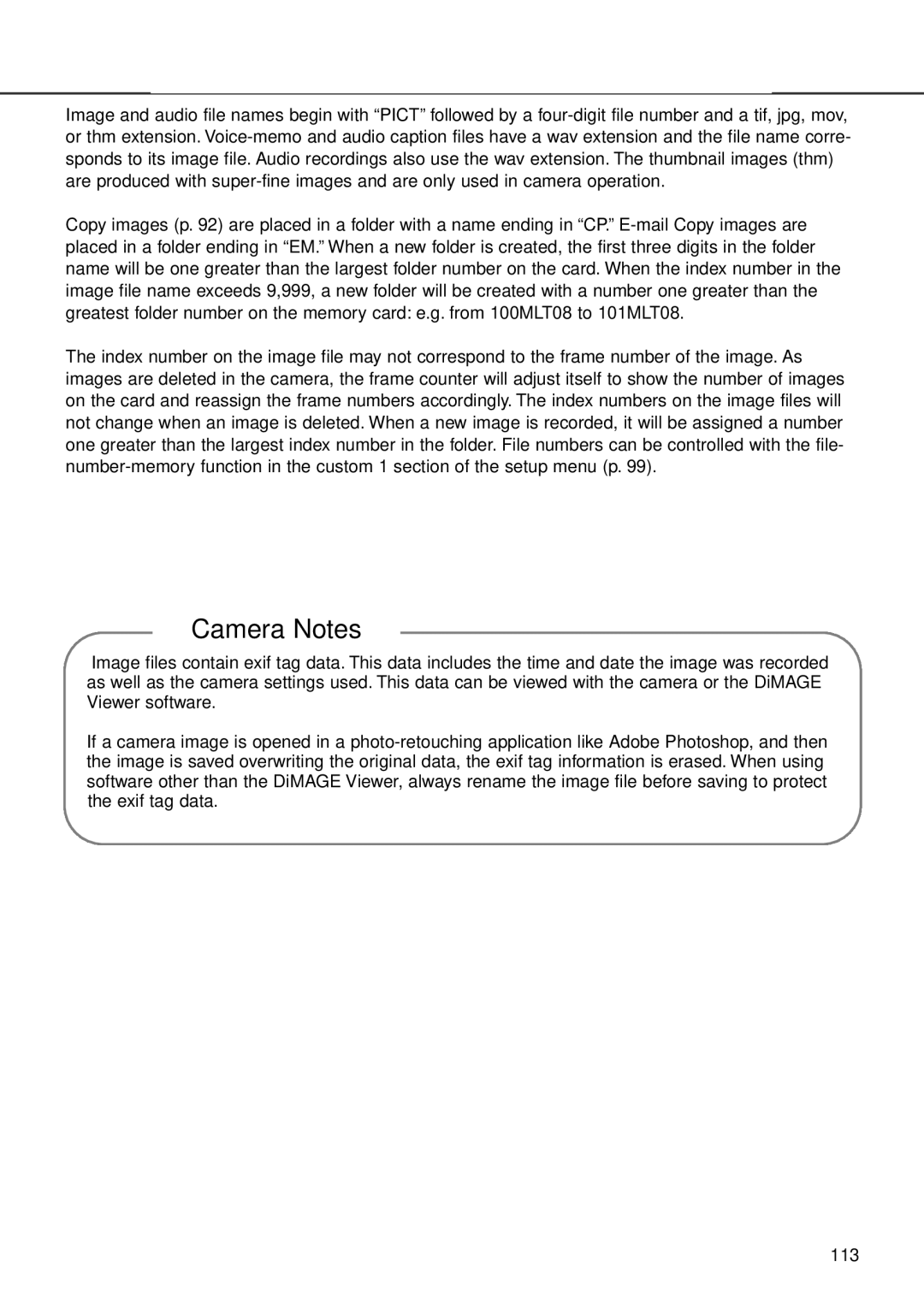 Minolta F100 instruction manual Camera Notes 