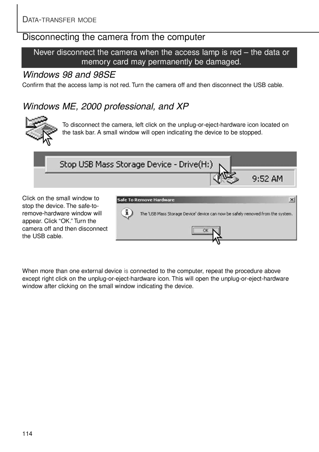 Minolta F100 Disconnecting the camera from the computer, Windows 98 and 98SE, Windows ME, 2000 professional, and XP 