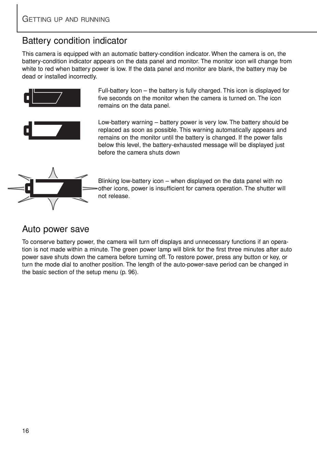 Minolta F100 instruction manual Battery condition indicator, Auto power save 