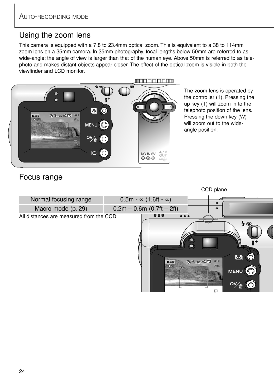 Minolta F100 instruction manual Using the zoom lens, Focus range 