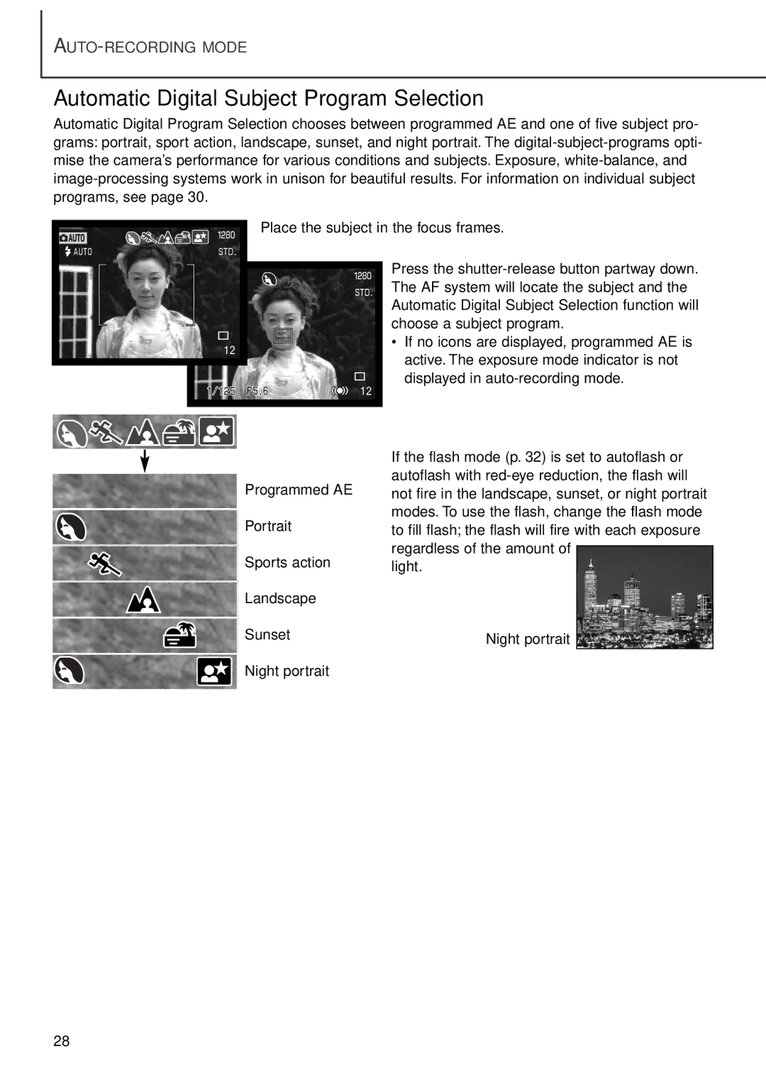 Minolta F100 instruction manual Automatic Digital Subject Program Selection 