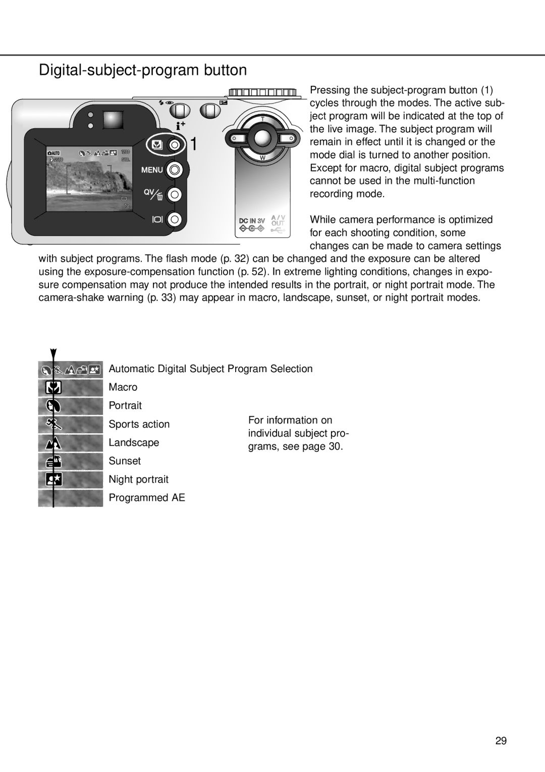 Minolta F100 instruction manual Digital-subject-program button 