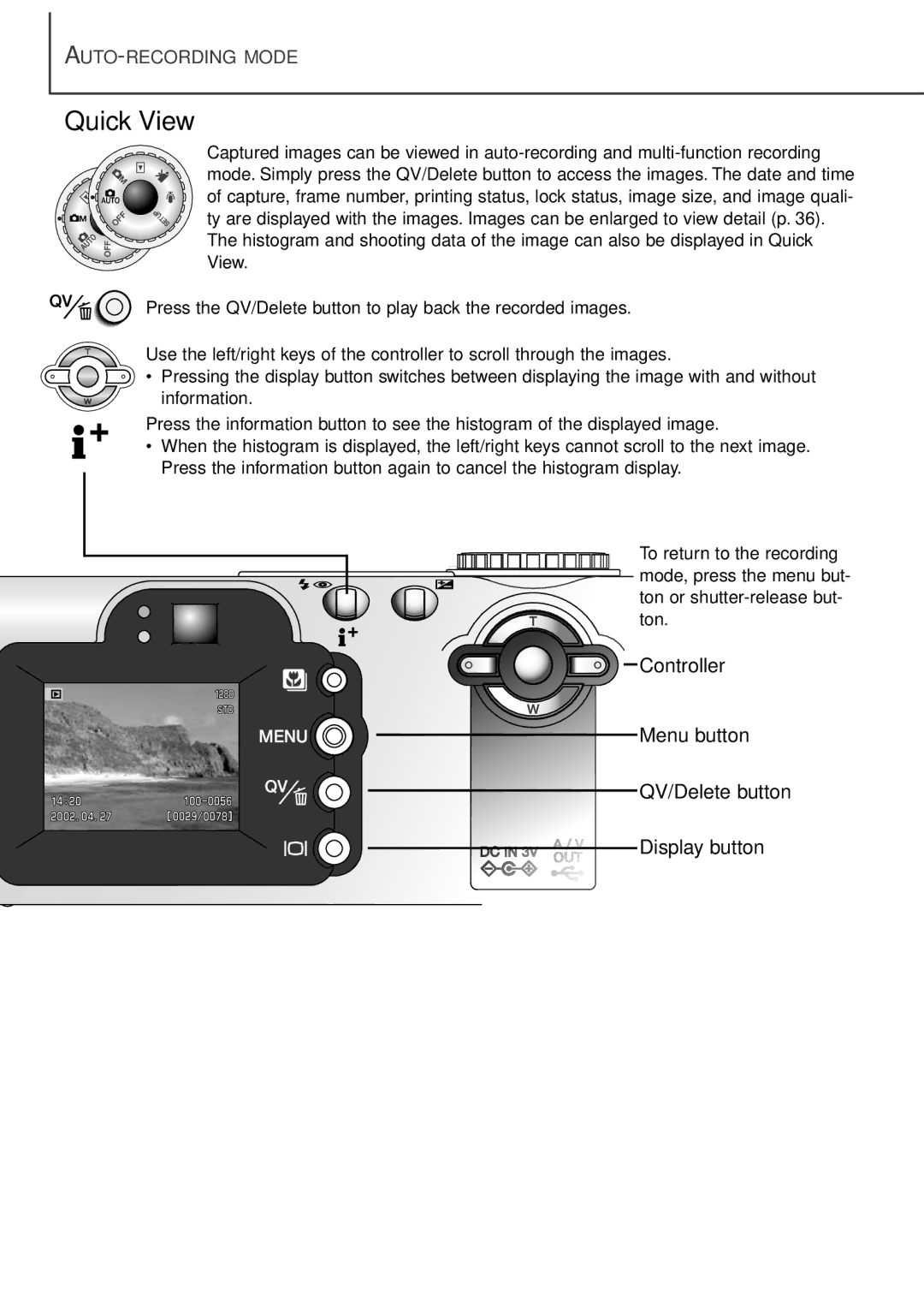 Minolta F100 instruction manual Quick View 