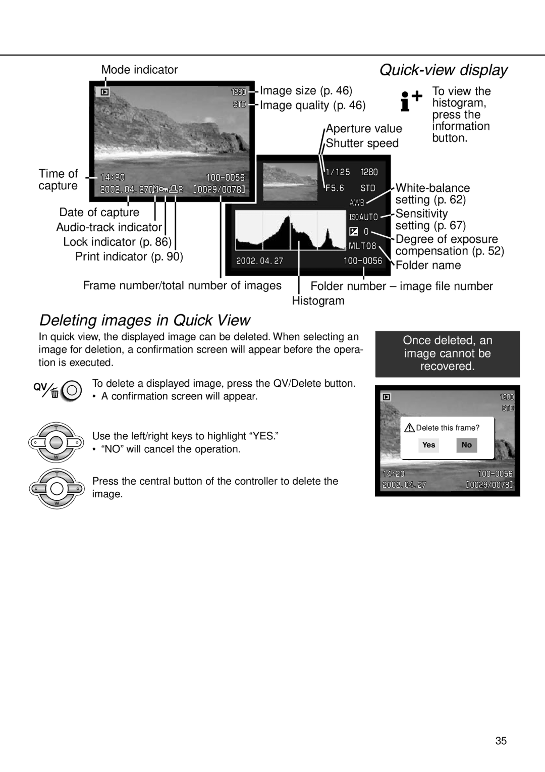 Minolta F100 instruction manual Quick-view display, Deleting images in Quick View 