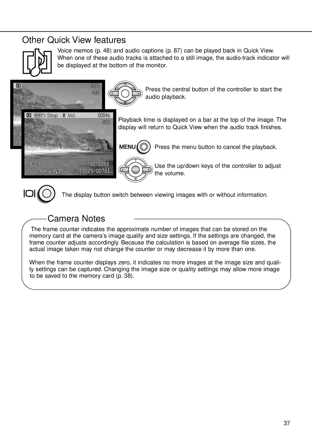 Minolta F100 instruction manual Other Quick View features, Camera Notes 