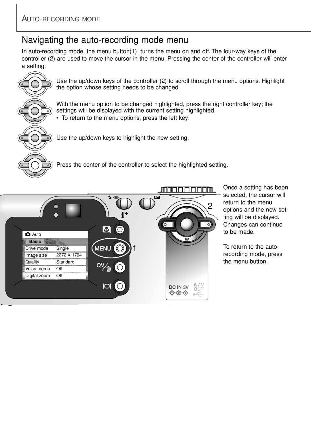 Minolta F100 instruction manual Navigating the auto-recording mode menu 