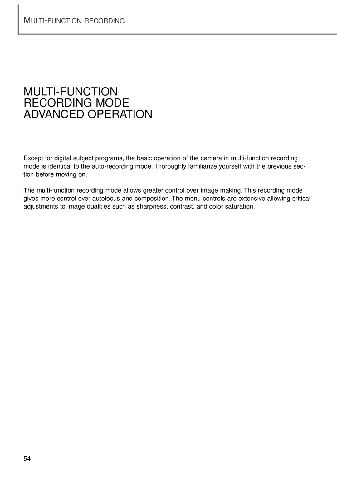 Minolta F100 instruction manual MULTI-FUNCTION Recording Mode Advanced Operation 