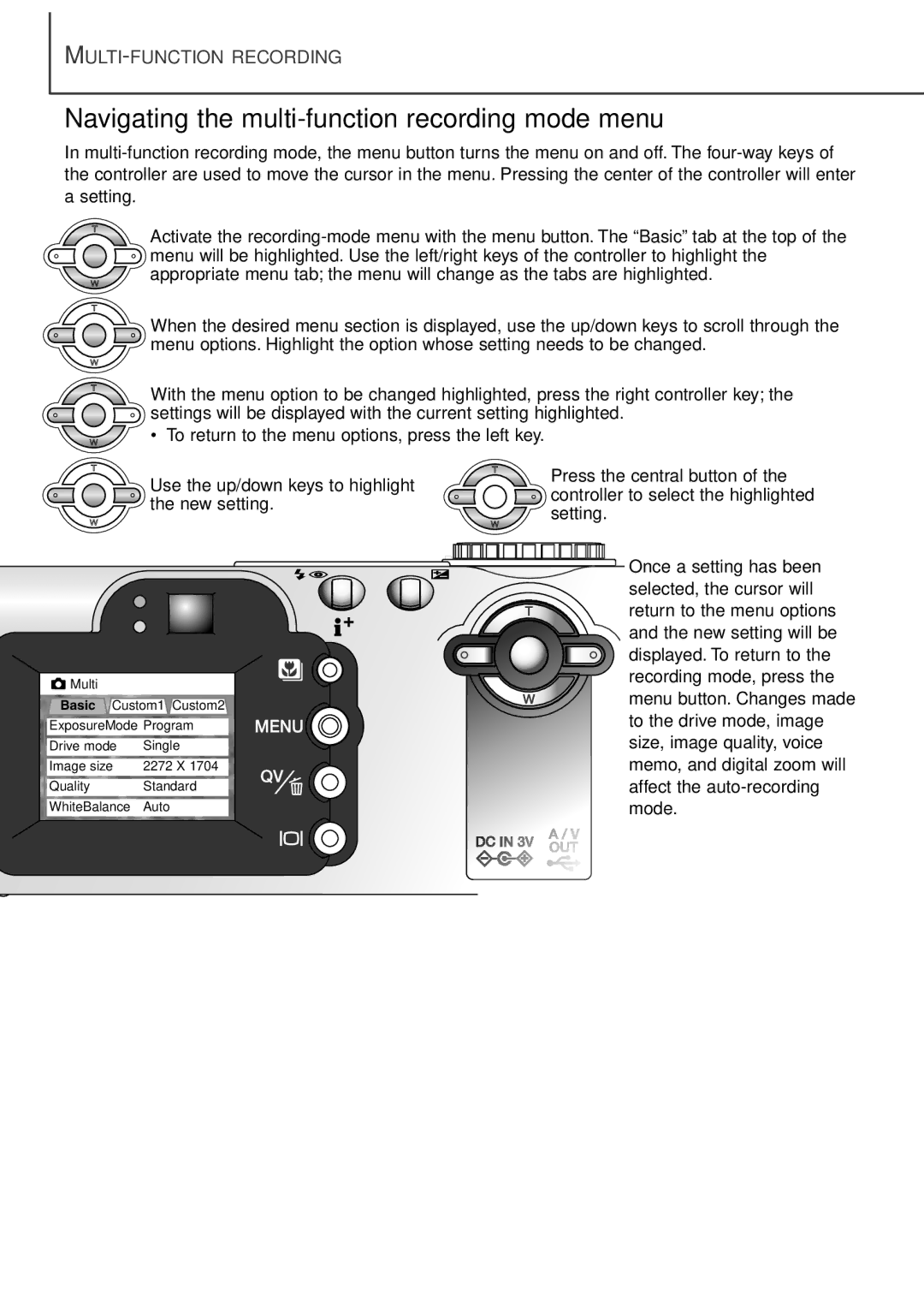 Minolta F100 instruction manual Navigating the multi-function recording mode menu 