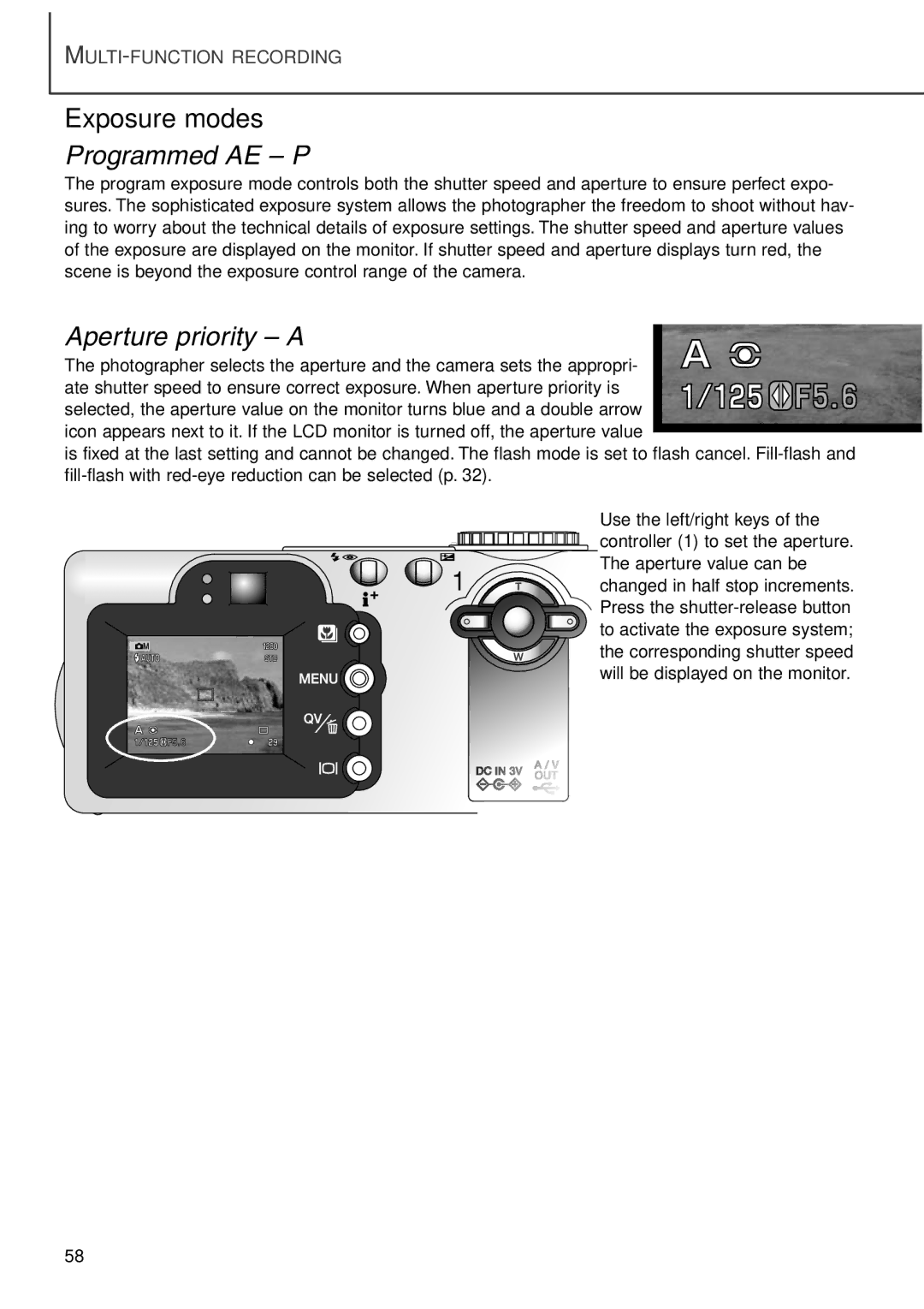 Minolta F100 instruction manual Exposure modes, Programmed AE P, Aperture priority a 