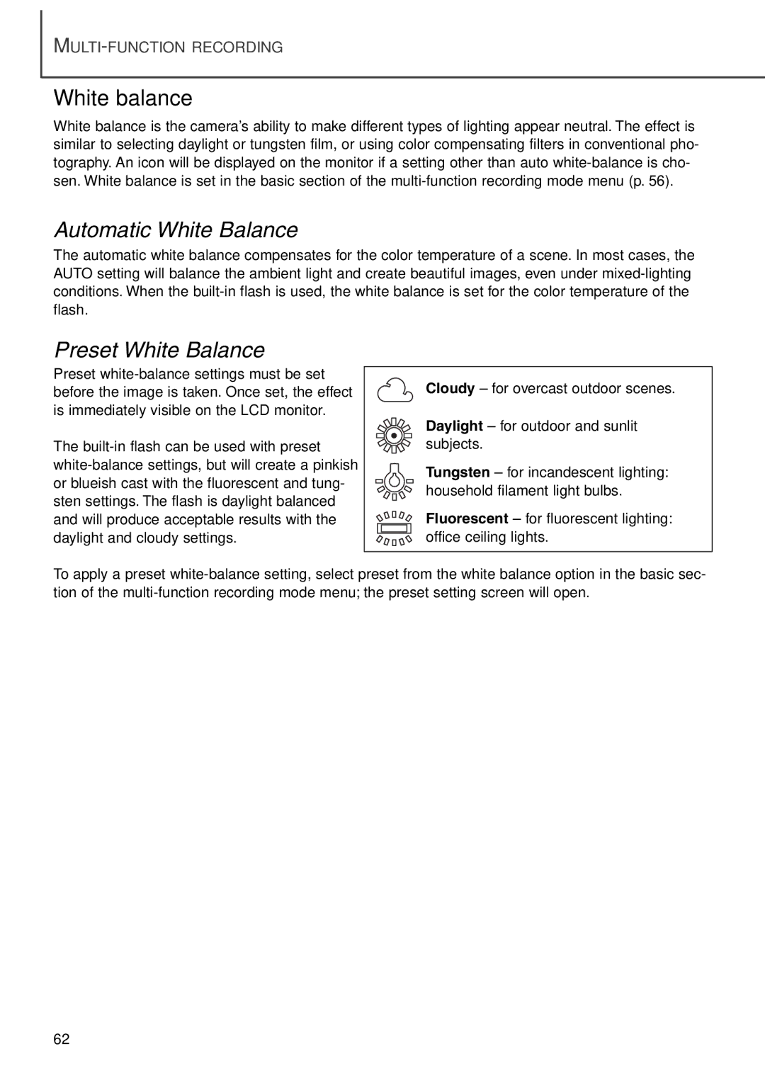 Minolta F100 instruction manual White balance, Automatic White Balance, Preset White Balance 