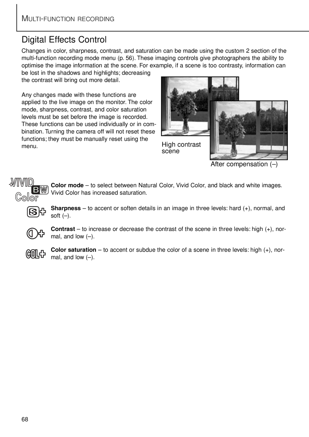 Minolta F100 instruction manual Digital Effects Control, High contrast scene After compensation 