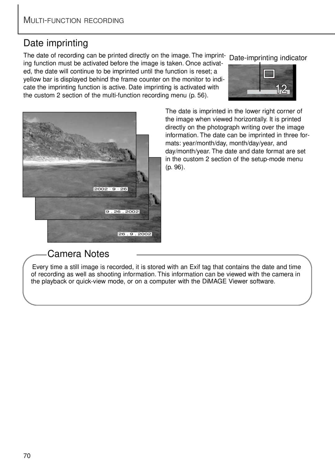 Minolta F100 instruction manual Date imprinting, Camera Notes 