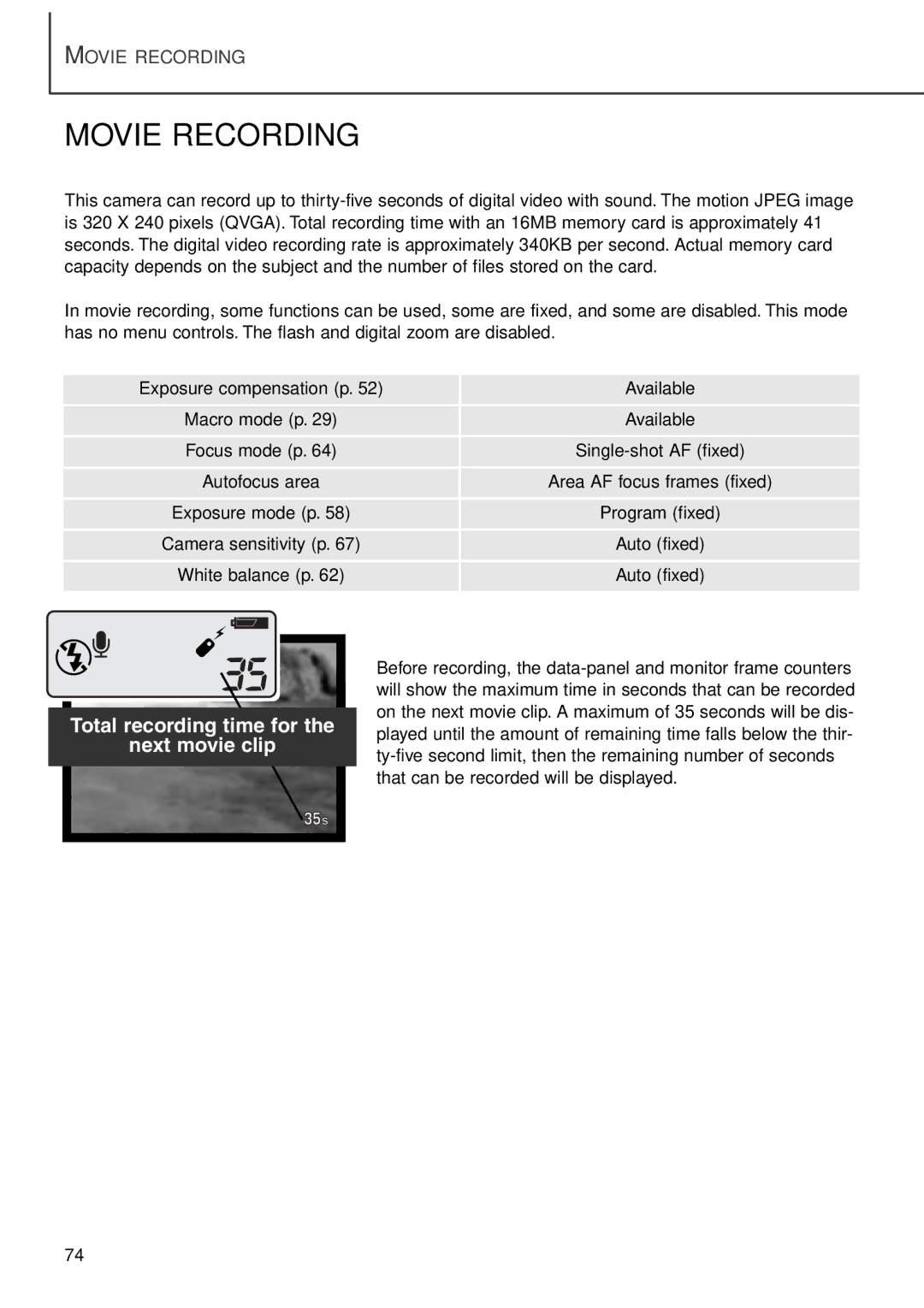 Minolta F100 instruction manual Movie Recording 