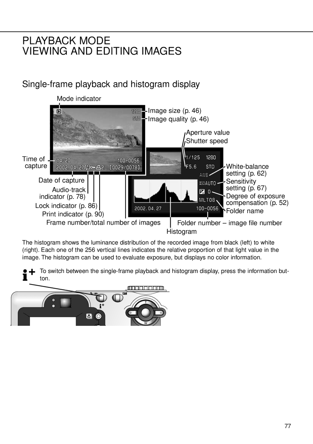 Minolta F100 instruction manual Playback Mode Viewing and Editing Images, Single-frame playback and histogram display 