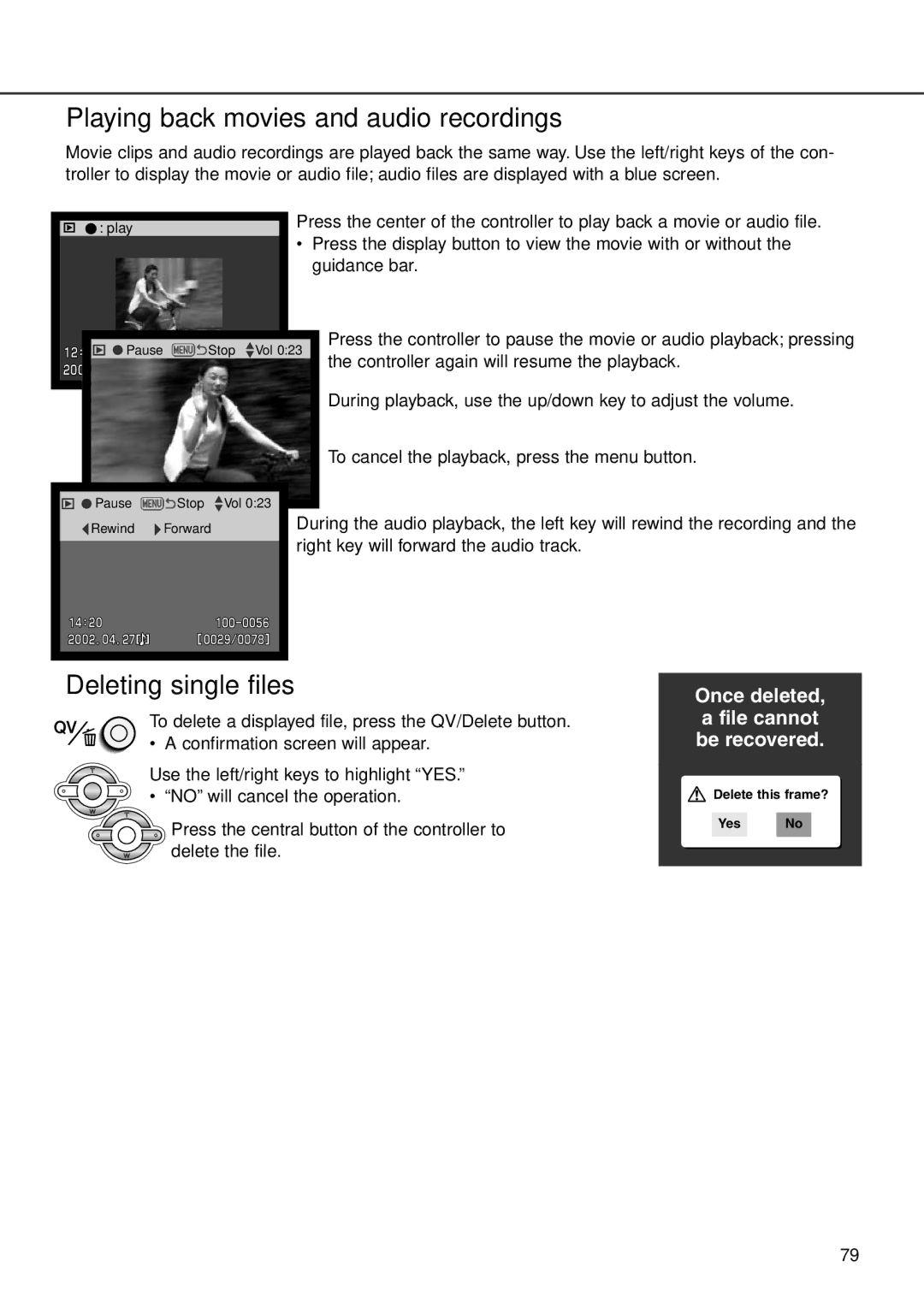 Minolta F100 instruction manual Playing back movies and audio recordings, Deleting single files 