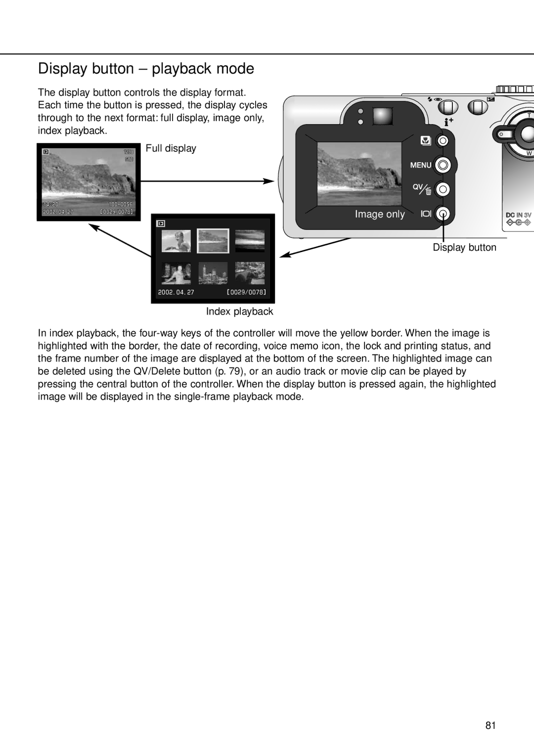 Minolta F100 instruction manual Display button playback mode, Image only 