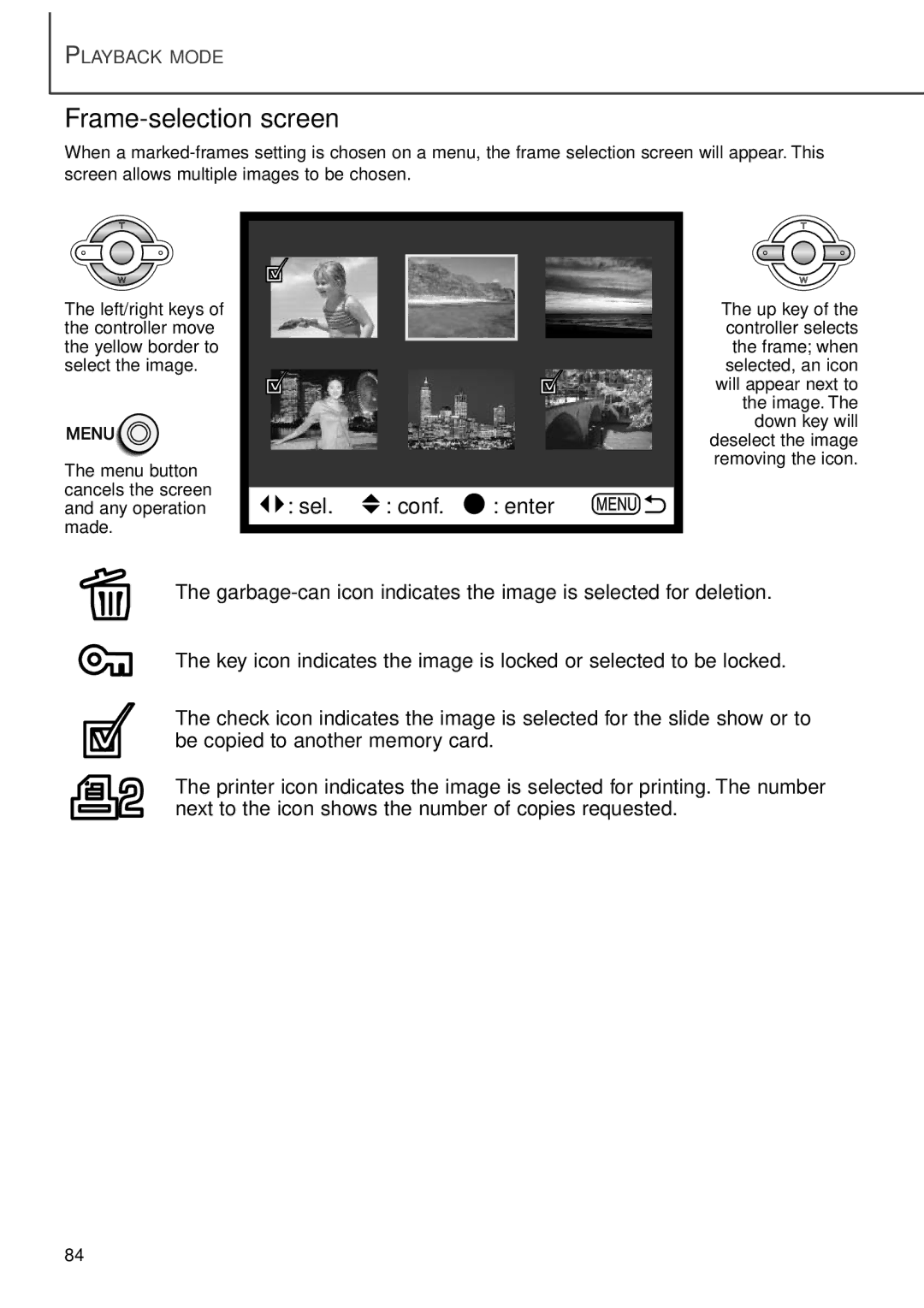 Minolta F100 instruction manual Frame-selection screen, Sel. conf. enter 