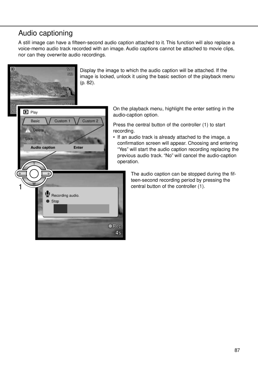 Minolta F100 instruction manual Audio captioning, If an audio track is already attached to the image, a 