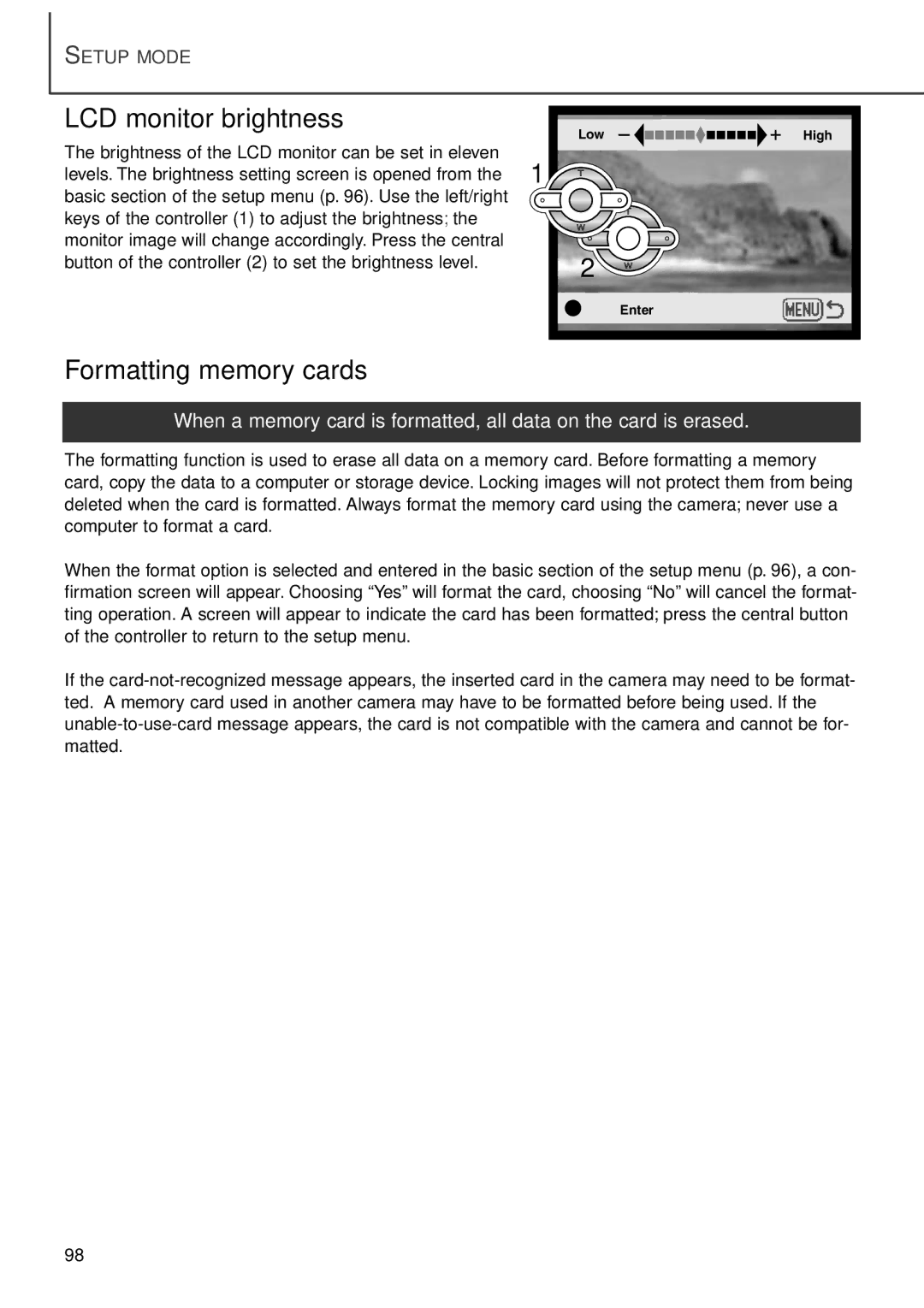 Minolta F100 instruction manual LCD monitor brightness, Formatting memory cards 