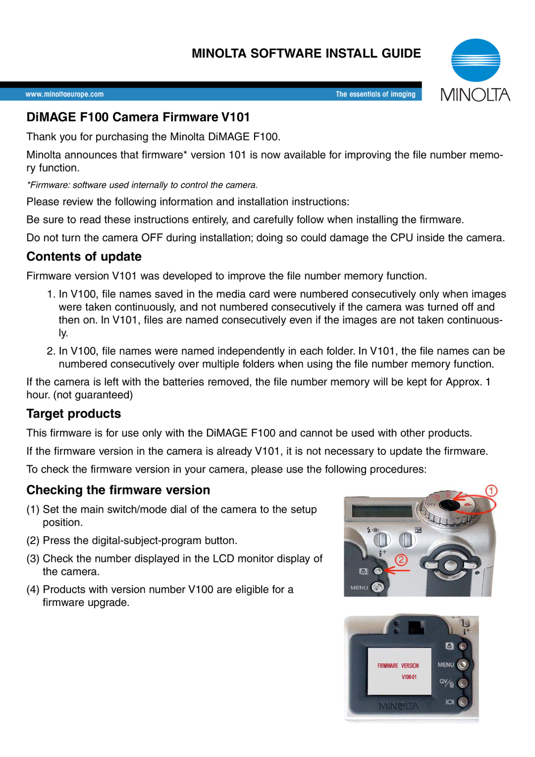 Minolta installation instructions Minolta Software Install Guide, DiMAGE F100 Camera Firmware, Contents of update 