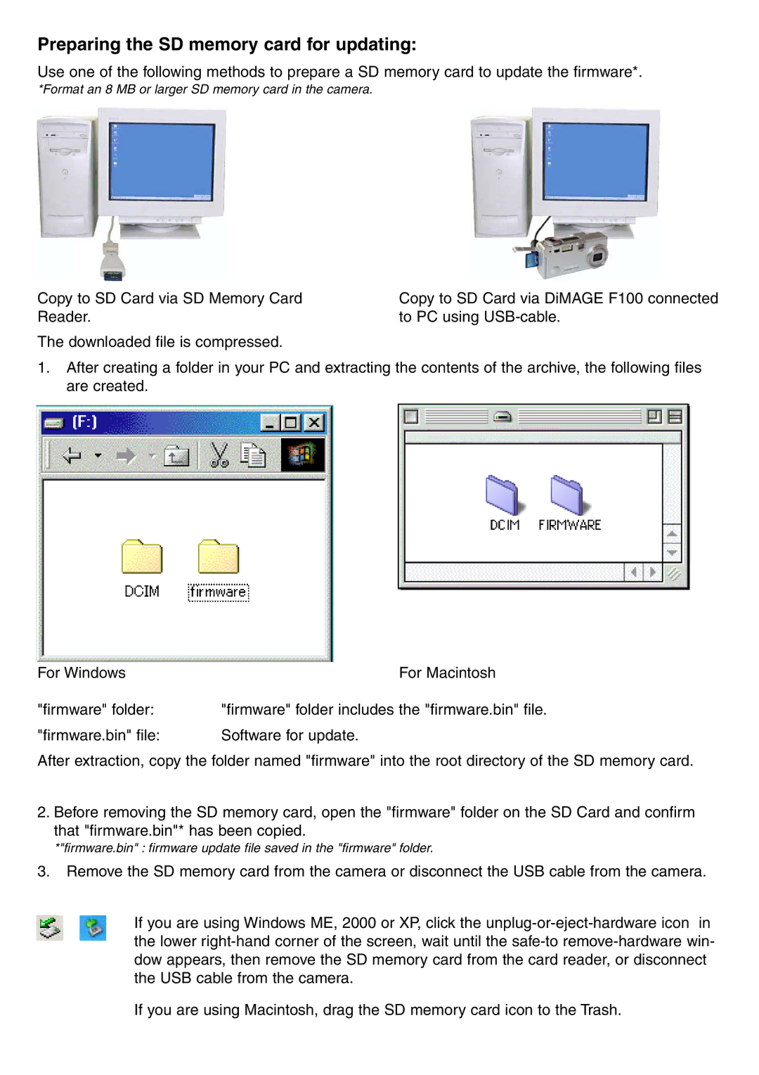 Minolta F100 installation instructions Preparing the SD memory card for updating 