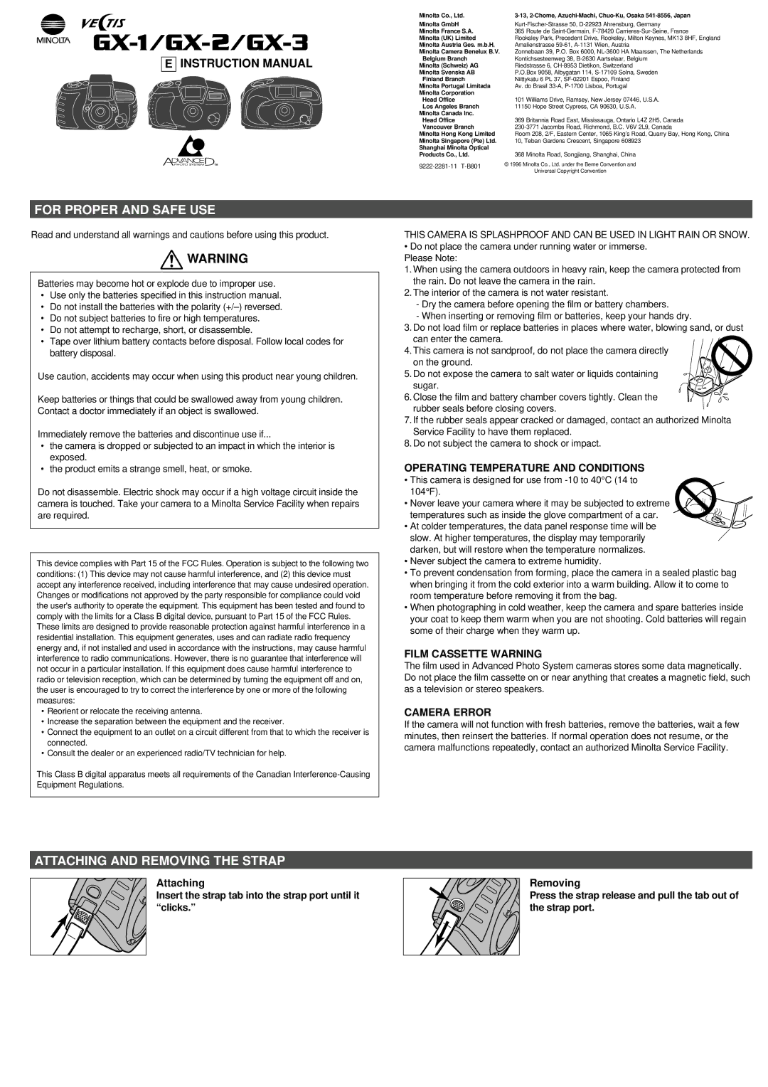 Minolta GX-3, GX-2 instruction manual For Proper and Safe USE, Attaching and Removing the Strap, Film Cassette Warning 