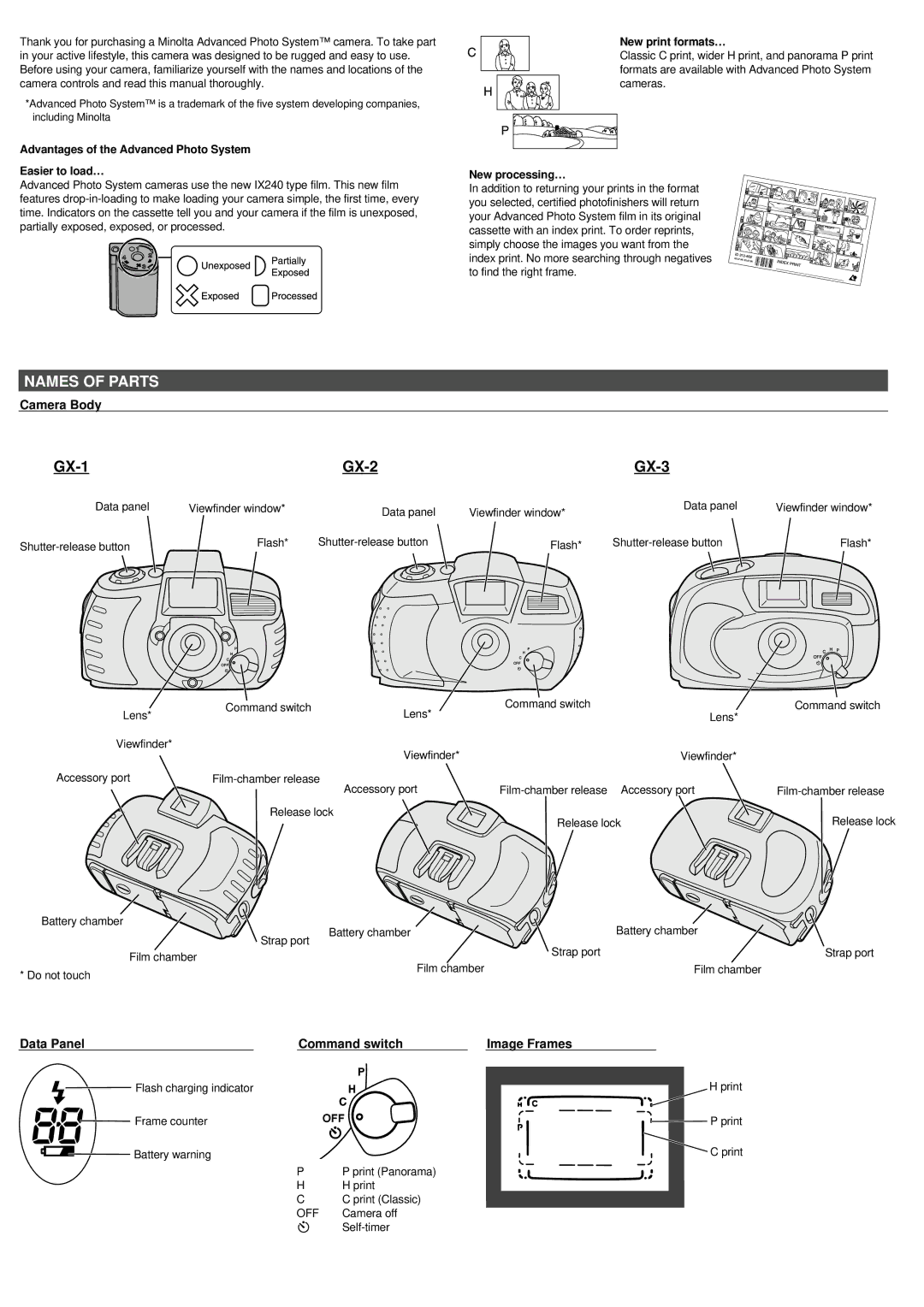 Minolta GX-1, GX-2, GX-3 instruction manual Names of Parts, Camera Body, Data Panel Command switch Image Frames 