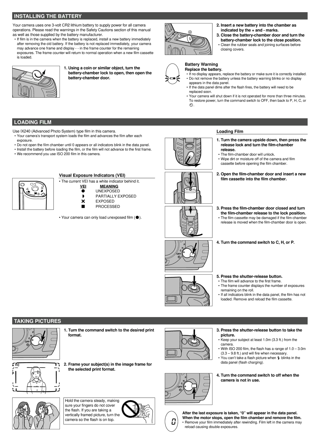 Minolta GX-2, GX-3, GX-1 instruction manual Installing the Battery, Loading Film, Taking Pictures 