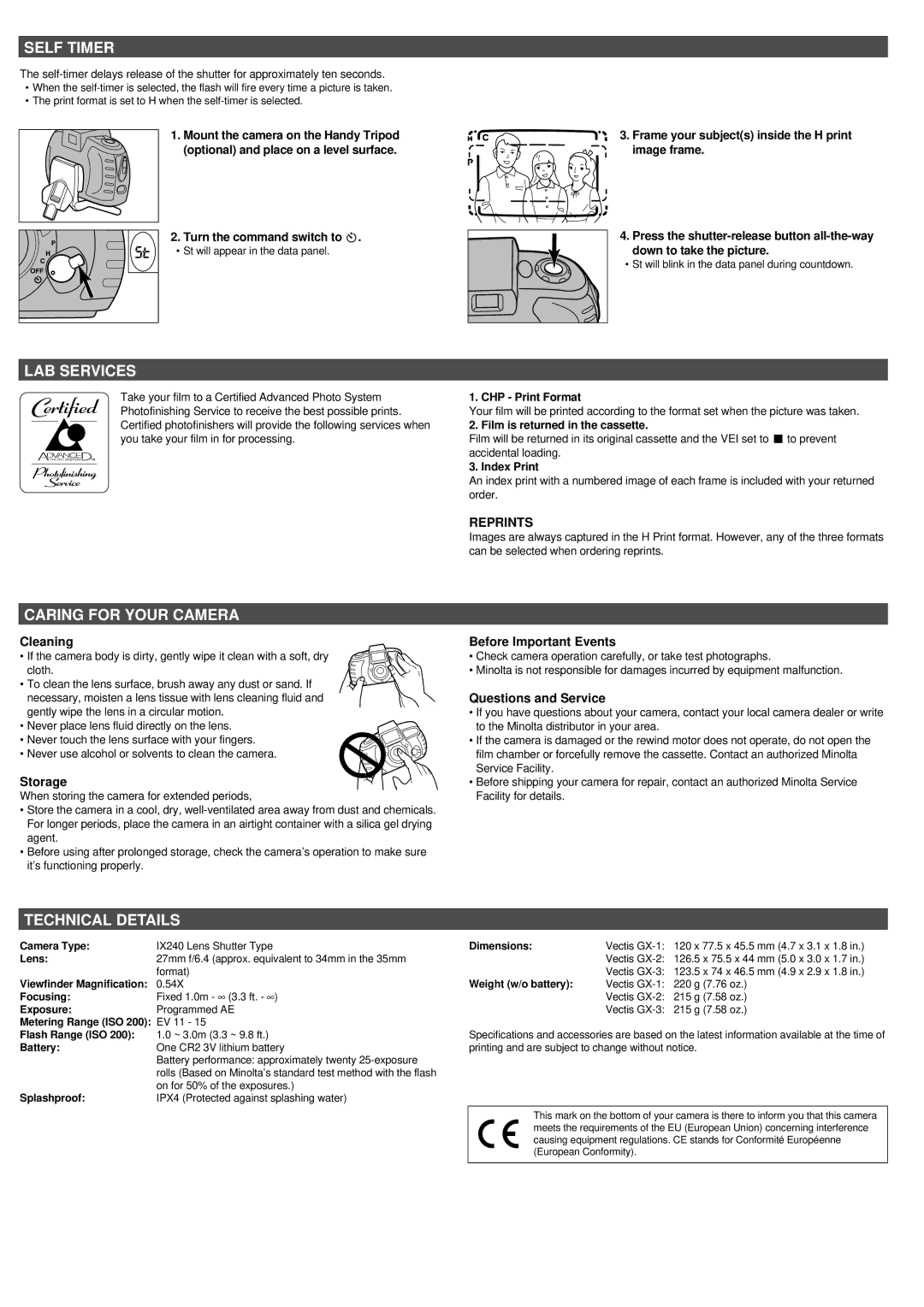 Minolta GX-3, GX-2, GX-1 instruction manual Self Timer, LAB Services, Caring for Your Camera, Technical Details, Reprints 