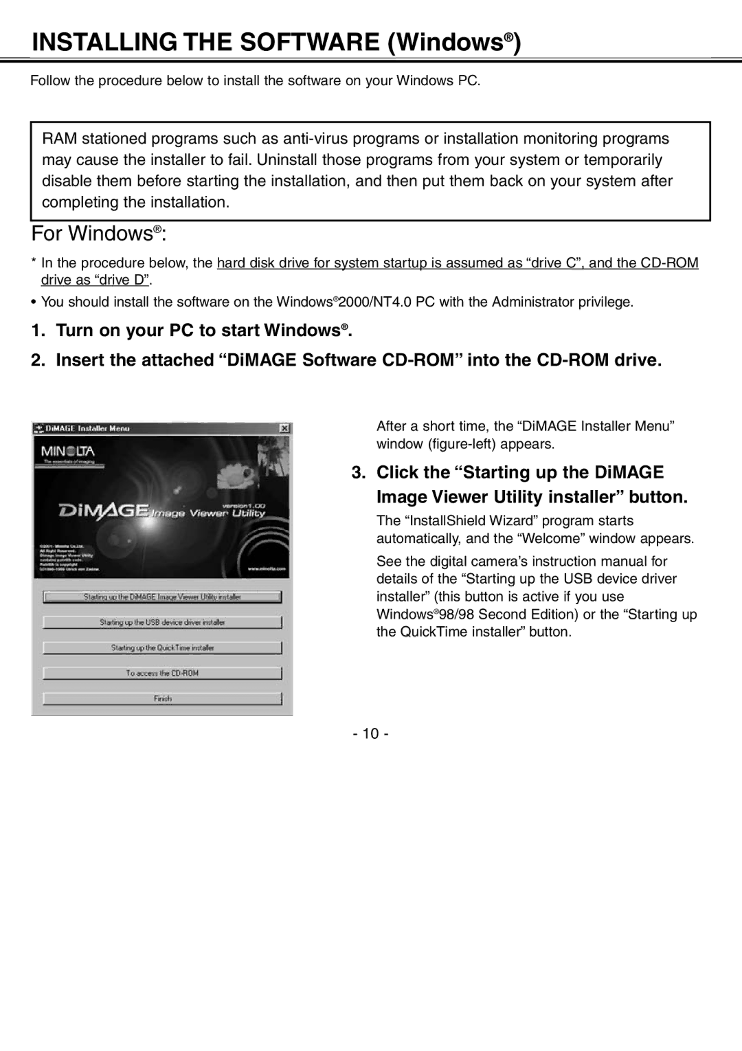 Minolta H-A106 instruction manual Installing the Software Windows 