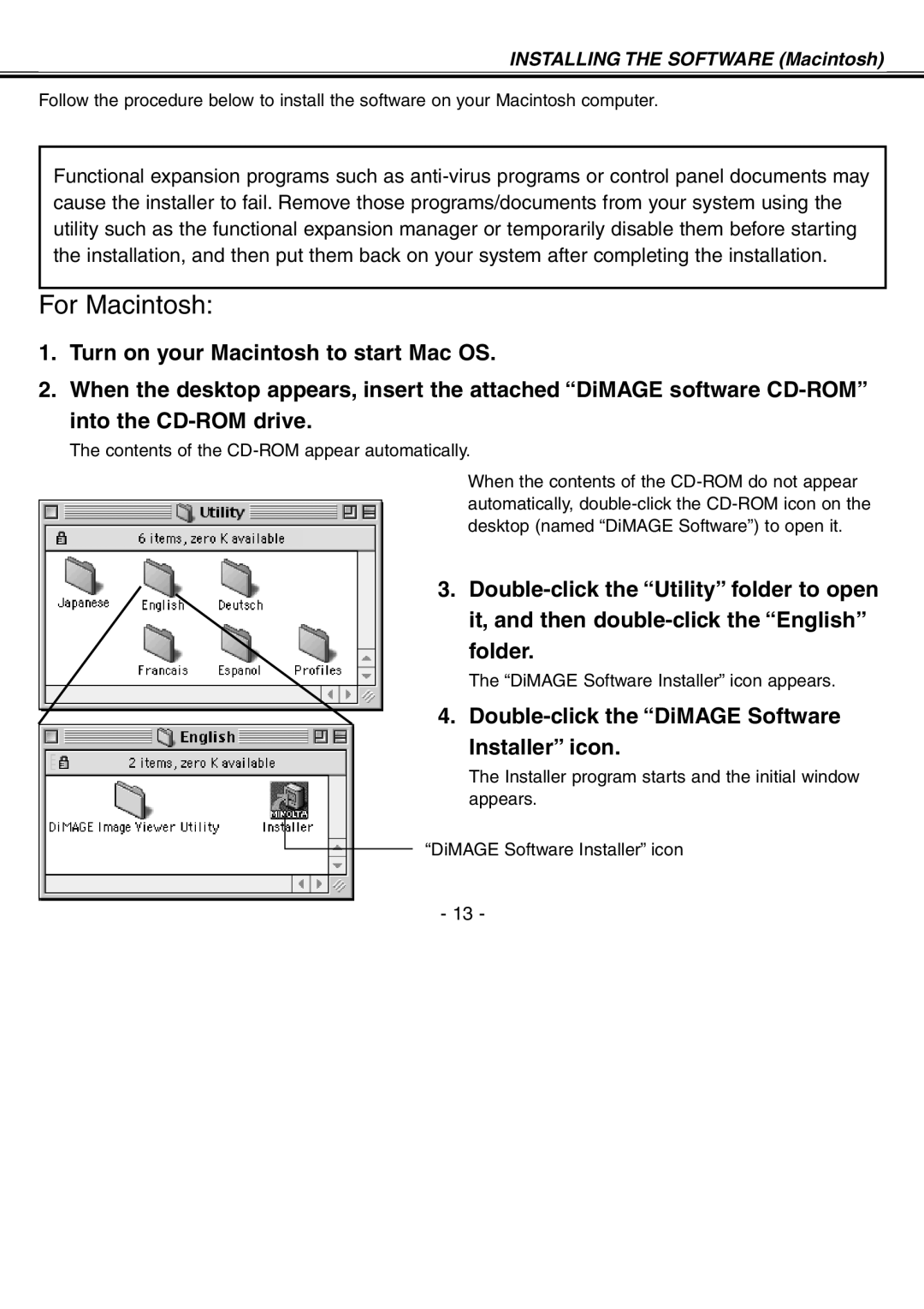 Minolta H-A106 instruction manual Double-click the DiMAGE Software Installer icon, Installing the Software Macintosh 