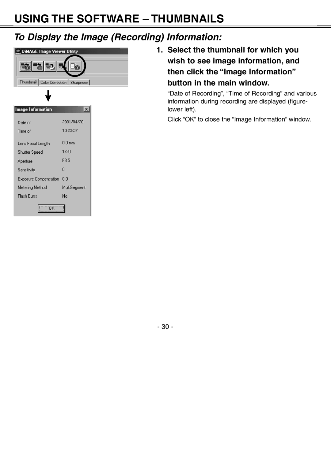 Minolta H-A106 instruction manual To Display the Image Recording Information 