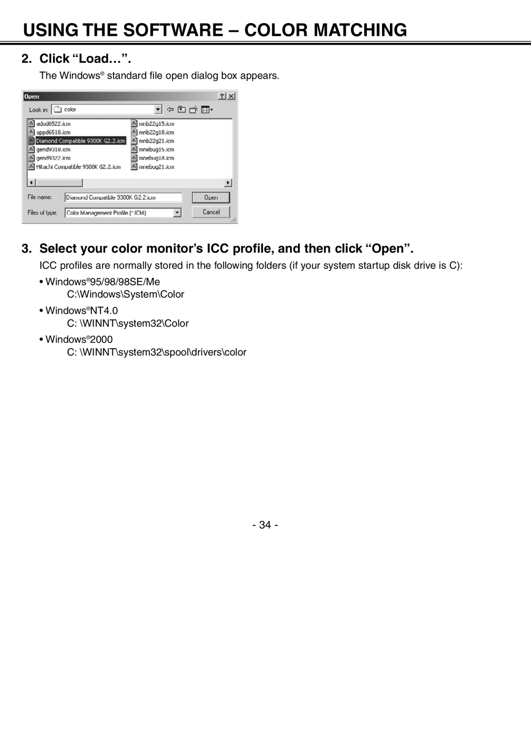 Minolta H-A106 instruction manual Click Load…, Select your color monitor’s ICC profile, and then click Open 