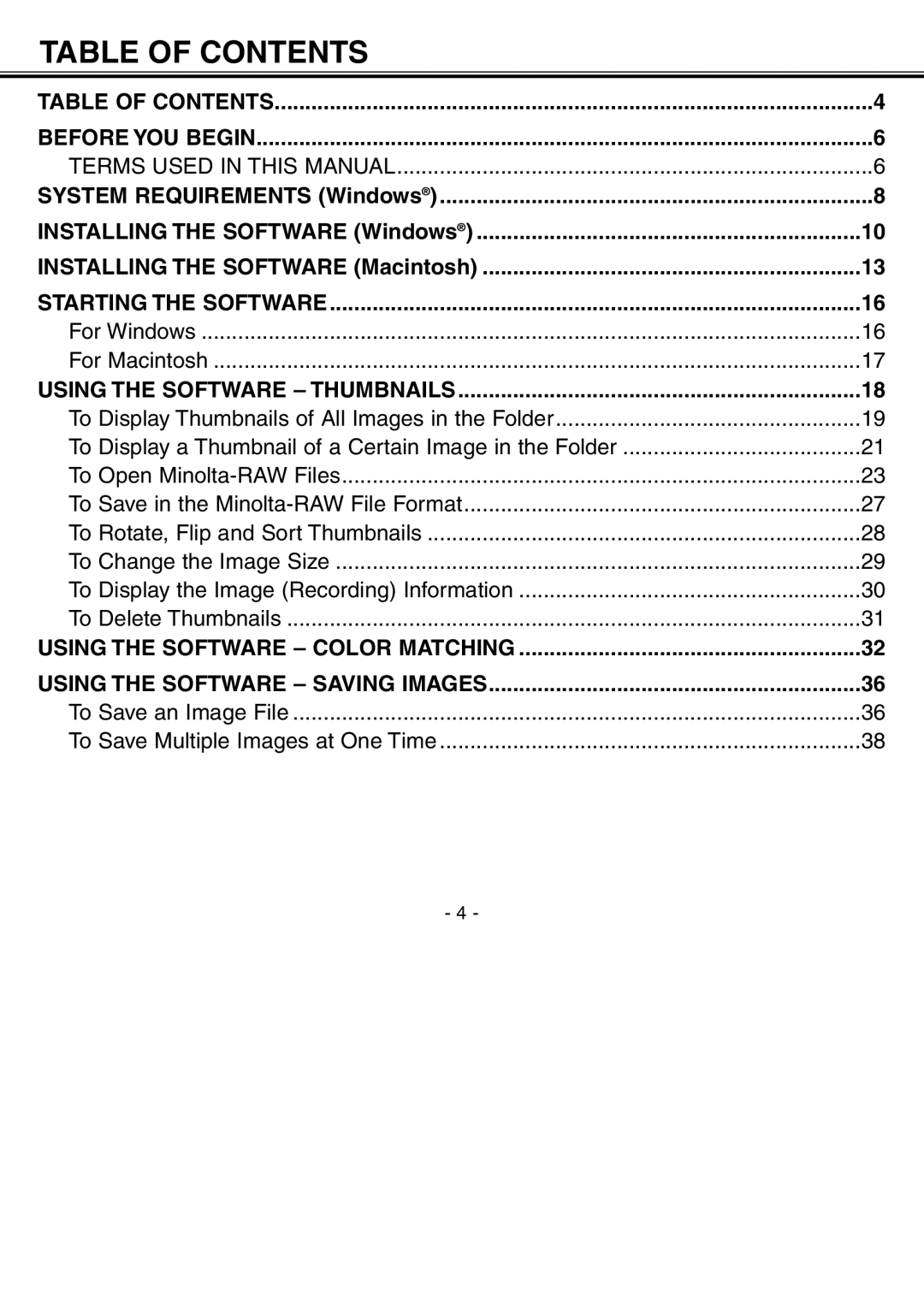 Minolta H-A106 instruction manual Table of Contents 