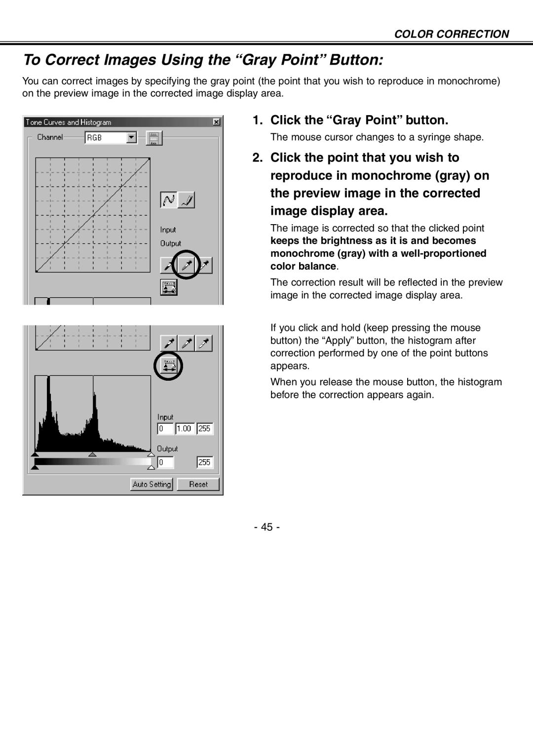 Minolta H-A106 instruction manual To Correct Images Using the Gray Point Button, Click the Gray Point button 