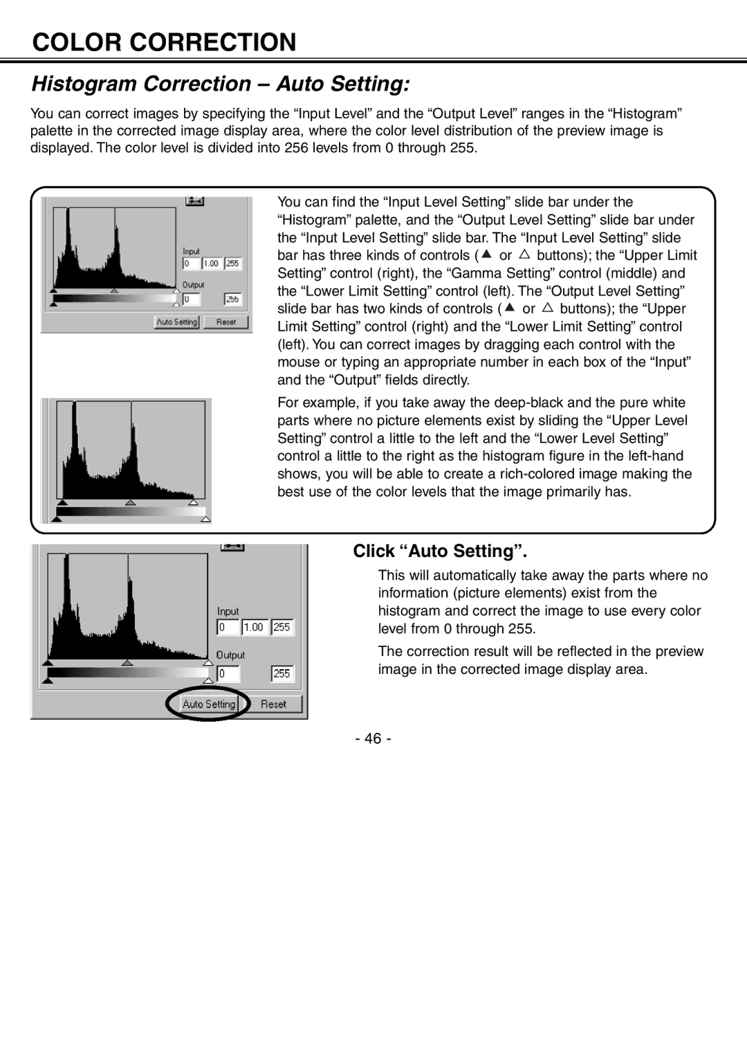 Minolta H-A106 instruction manual Histogram Correction Auto Setting, Click Auto Setting 