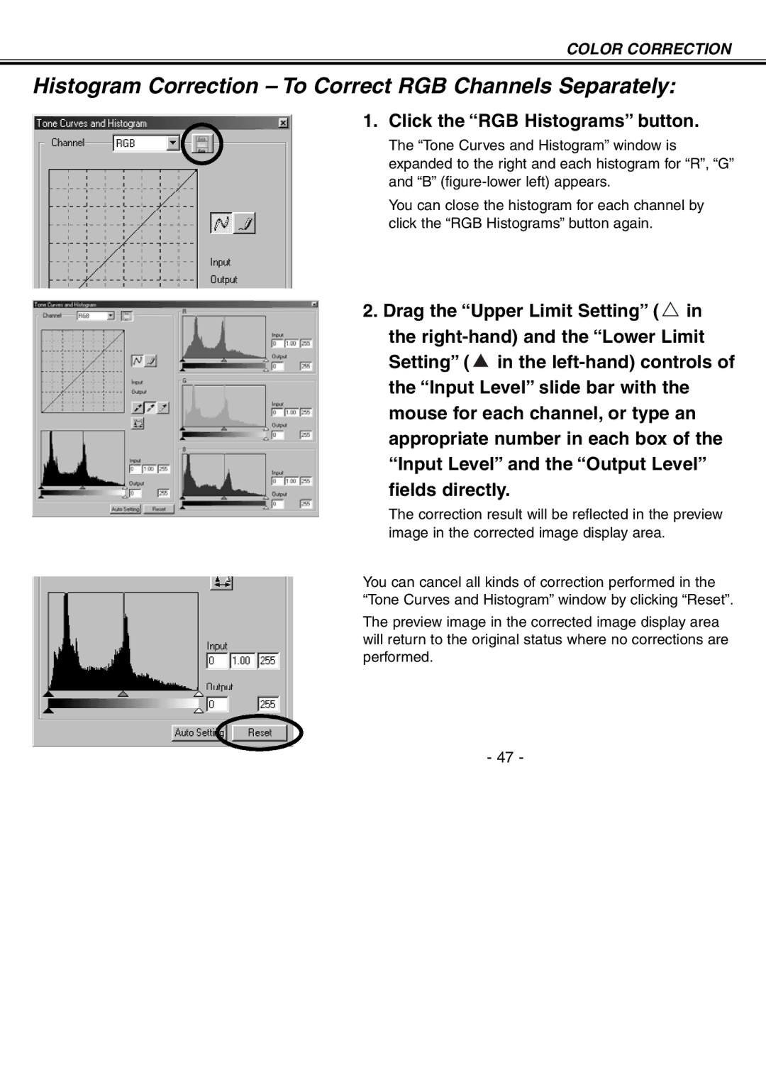 Minolta H-A106 instruction manual Histogram Correction To Correct RGB Channels Separately, Click the RGB Histograms button 