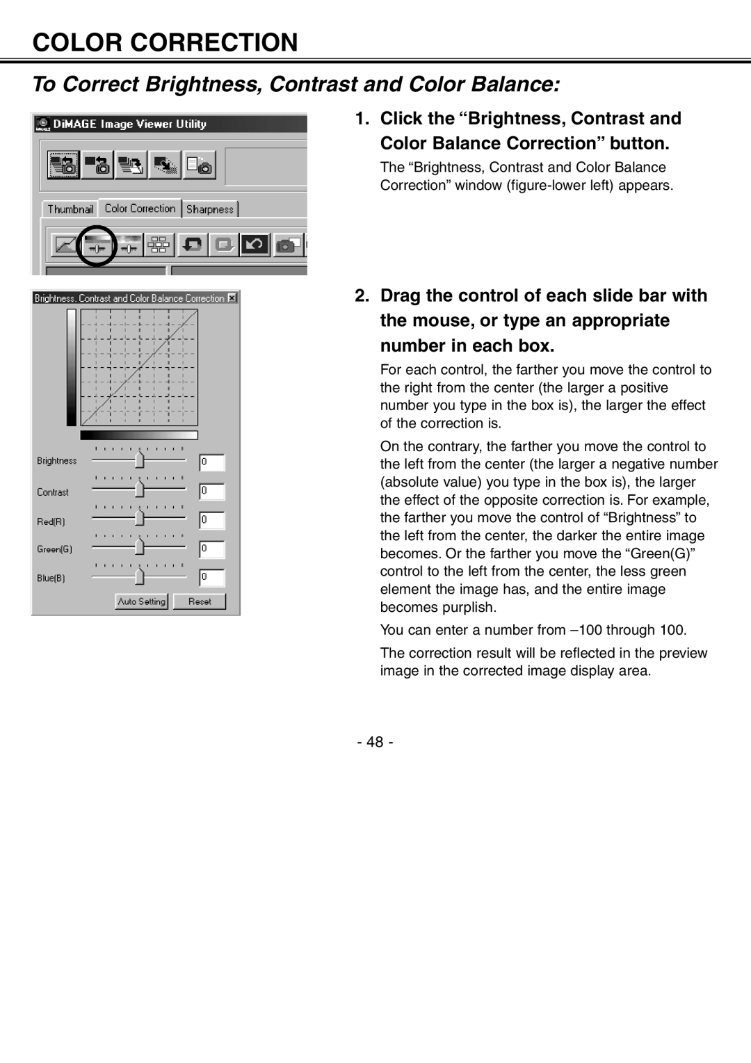 Minolta H-A106 instruction manual To Correct Brightness, Contrast and Color Balance 