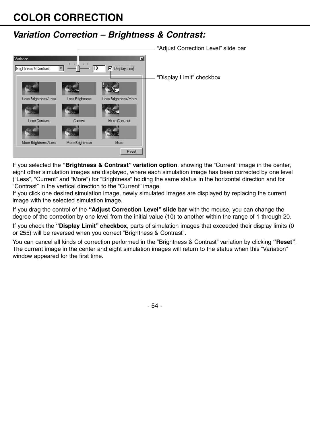 Minolta H-A106 instruction manual Variation Correction Brightness & Contrast 