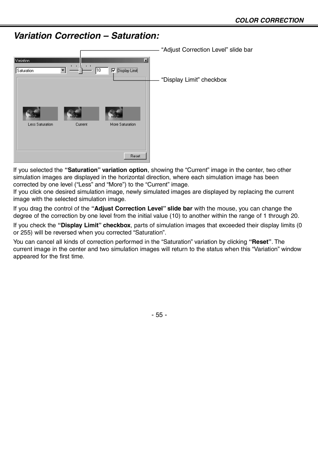 Minolta H-A106 instruction manual Variation Correction Saturation 