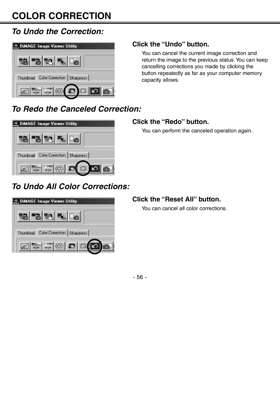 Minolta H-A106 instruction manual To Undo the Correction, To Redo the Canceled Correction, To Undo All Color Corrections 