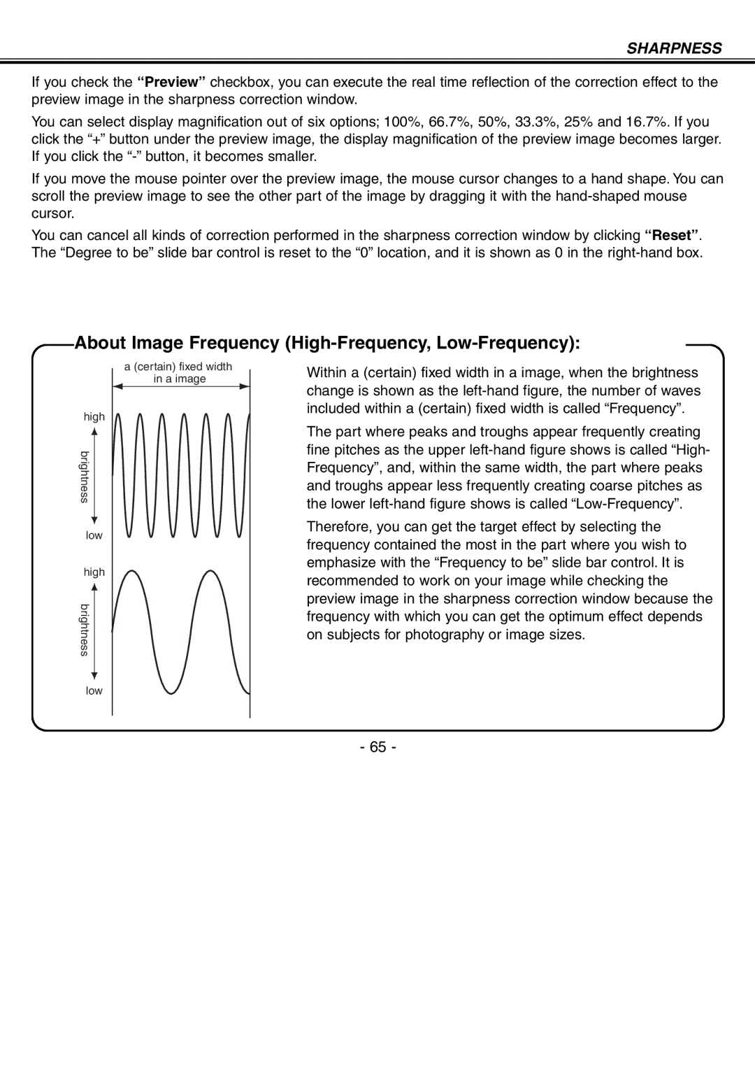 Minolta H-A106 instruction manual About Image Frequency High-Frequency, Low-Frequency, Sharpness 