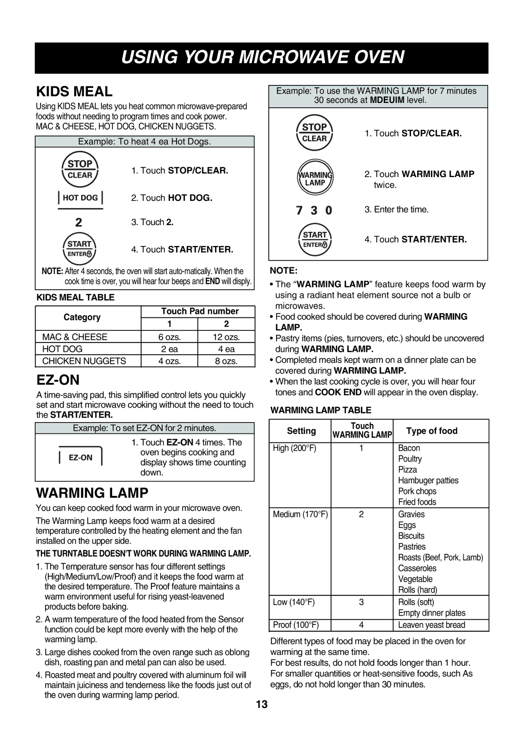 Minolta LMVM2085SB owner manual Kids Meal, Ez-On, Warming Lamp 