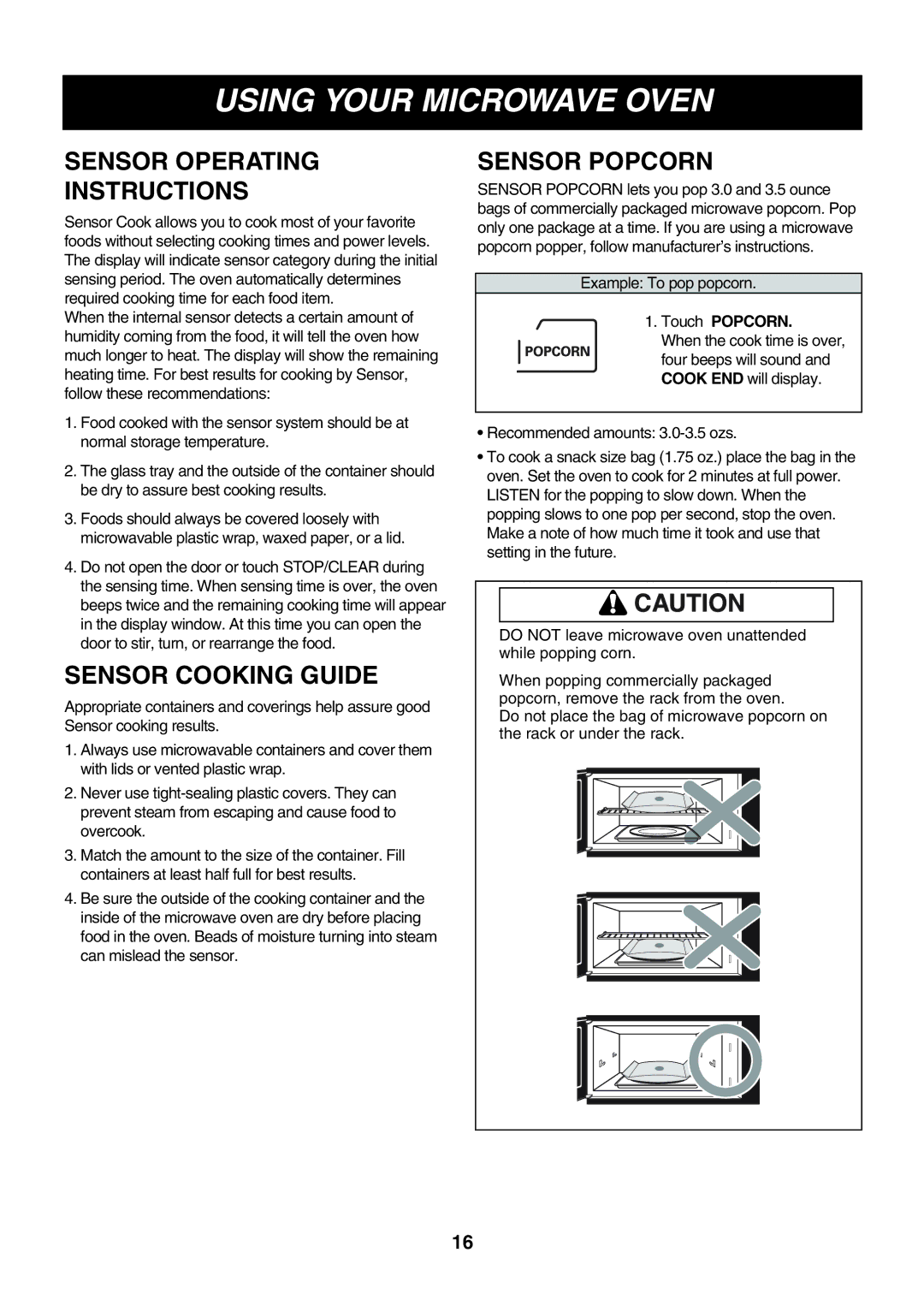 Minolta LMVM2085SB owner manual Sensor Operating Instructions, Sensor Cooking Guide, Sensor Popcorn 