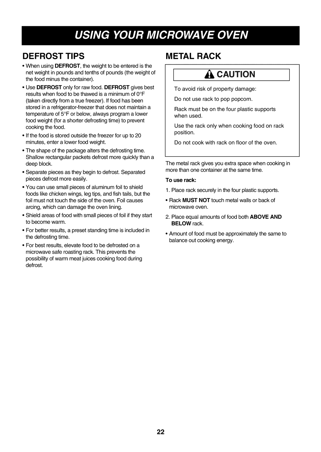 Minolta LMVM2085SB owner manual Defrost Tips, Metal Rack, To use rack 